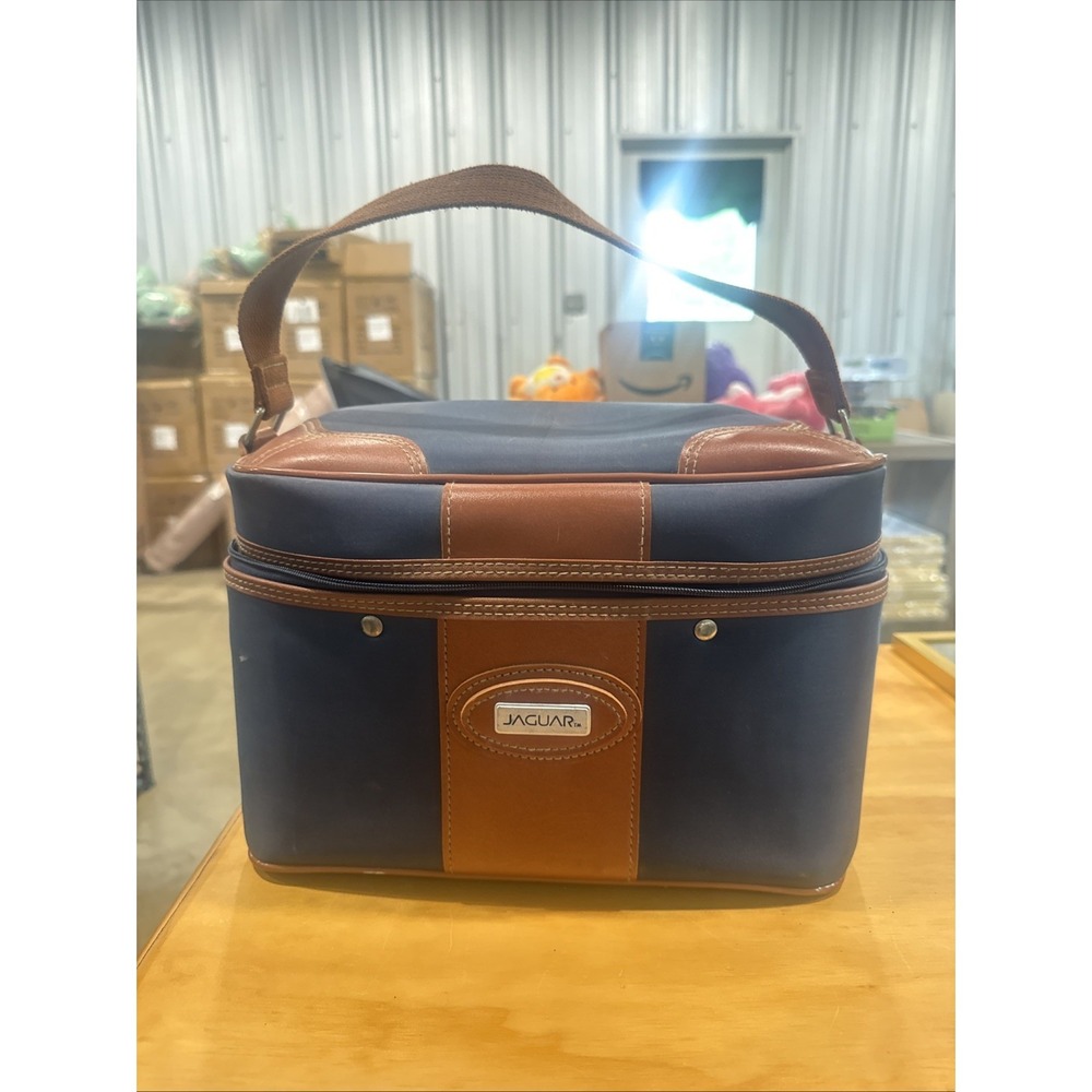 Jaguar Vintage Vanity Case Travel Bag Toiletry Cosmetics Luggage Navy Brown